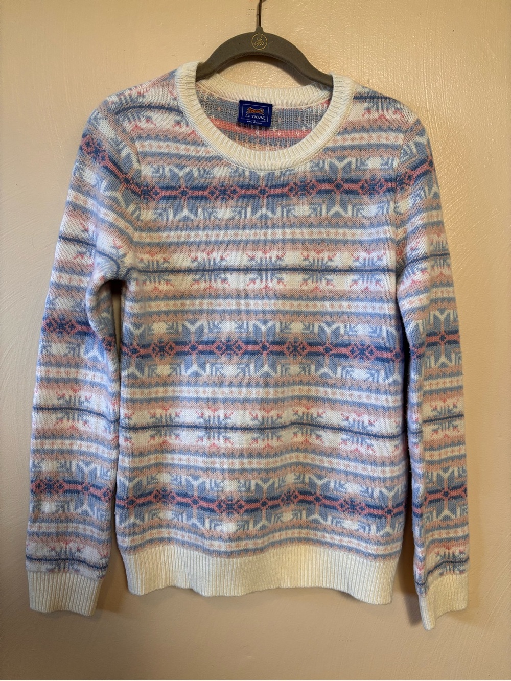 Le Tigre Women’s Sweater Fair Isle Pastel Snowflake Pattern Crew Neck Knit